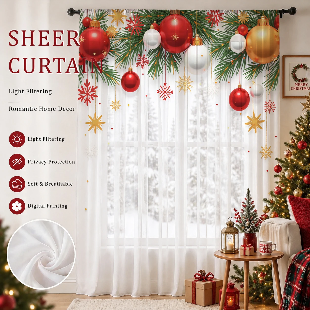 Curtain Sheer Voile - Transparenter Vorhang mit Farbverlauf für Weihnachten,