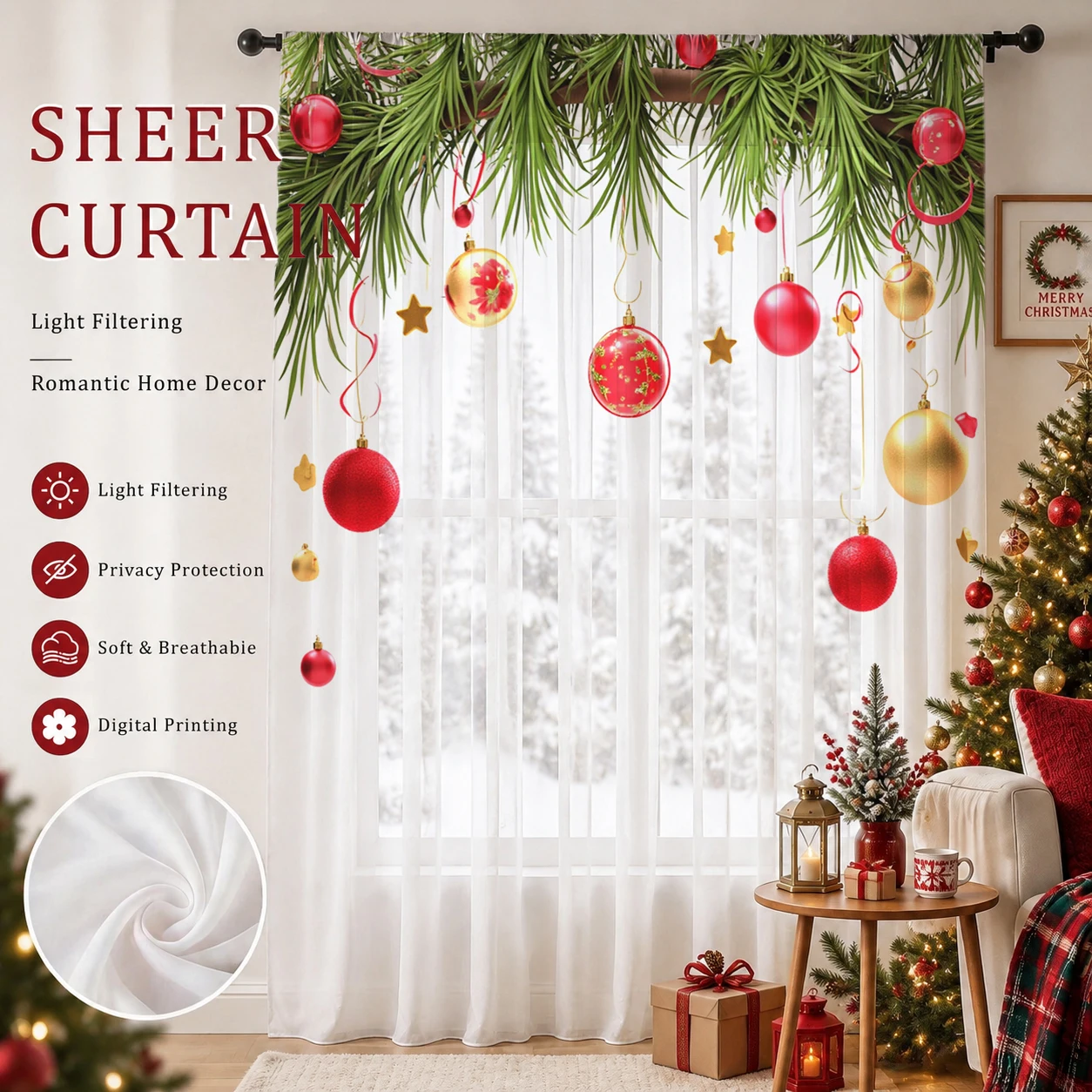 Curtain Sheer Voile - Transparenter Weihnachtsvorhang mit Farbverlauf, hochwertiger, lichtreduzierender